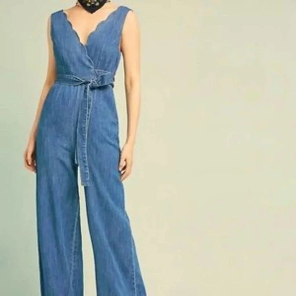 Anthropologie Pants - Pilcro by Anthroplogie Lydia Blue Denim Scallop Wrap Wide Leg Jumpsuit 2